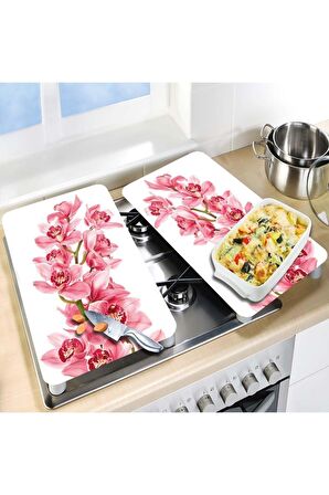 Cam Ocak Koruyucu ve Kesim Tablası Pembe Orkide (80cm x 52cm) 2 Parça, 5'li Ocaklar